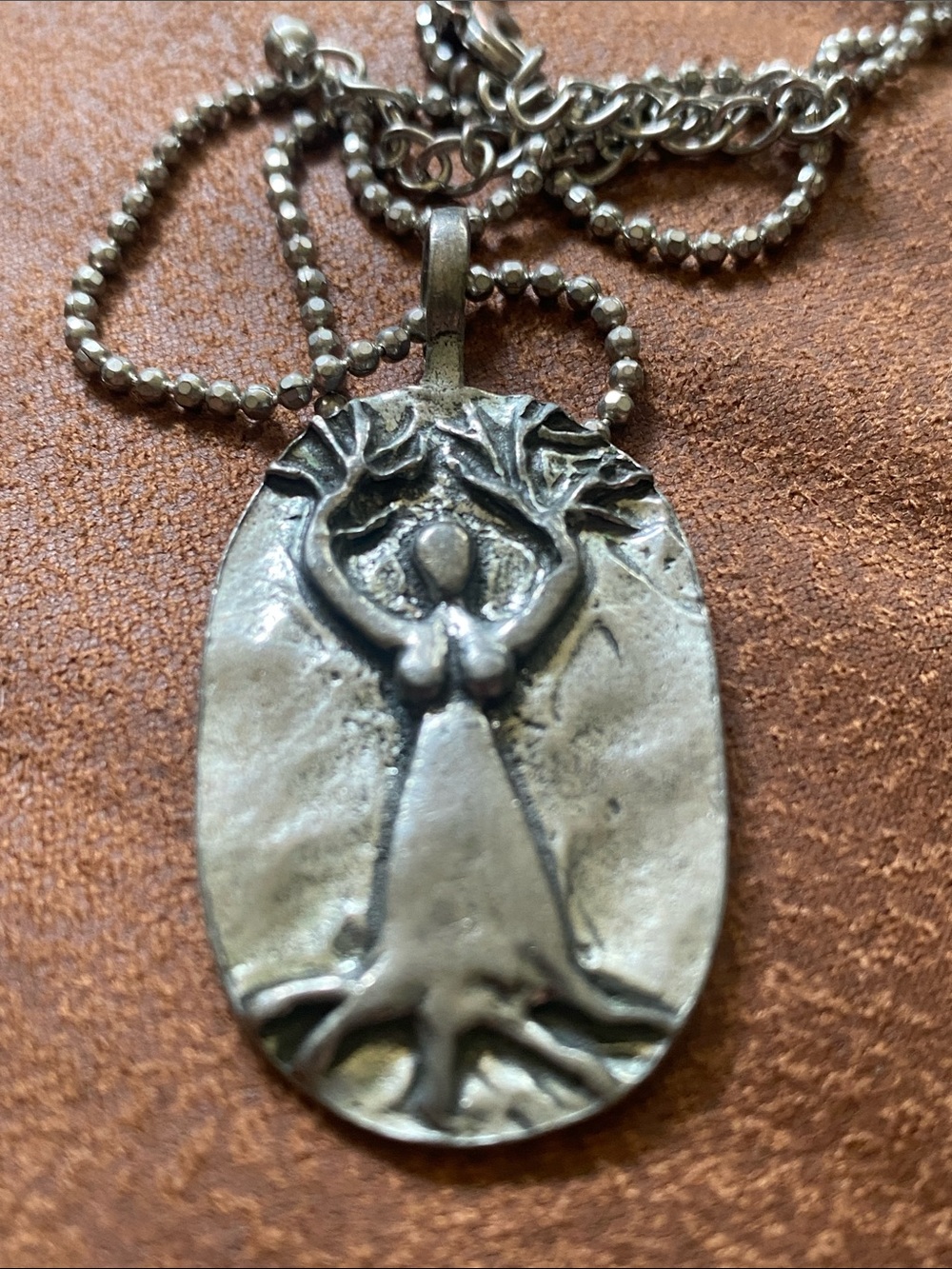 Vintage Silver Goddess Tree Relief Pendant Necklace - Silver